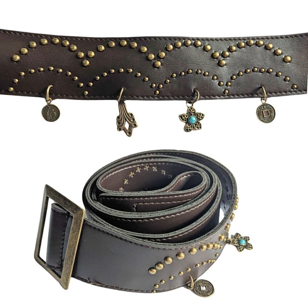 Vtg Y2K Dangling Charm Wide Low Rise Studded Brown Faux Leather Belt Sz 48/1X - Picture 1 of 5